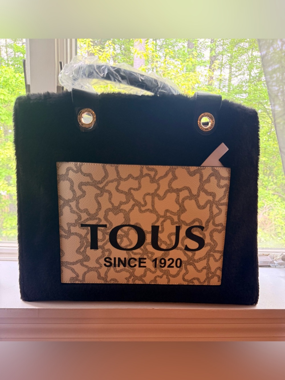 TOUS Black Faux Fur Tote with Patterned Logo Pocket and Gold Accents